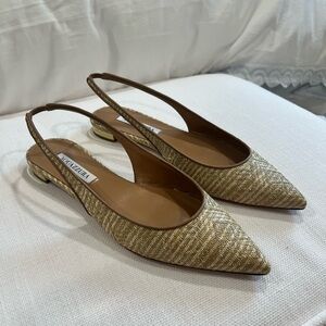Aquazzura Purist Raffia & Leather Slingback Flat